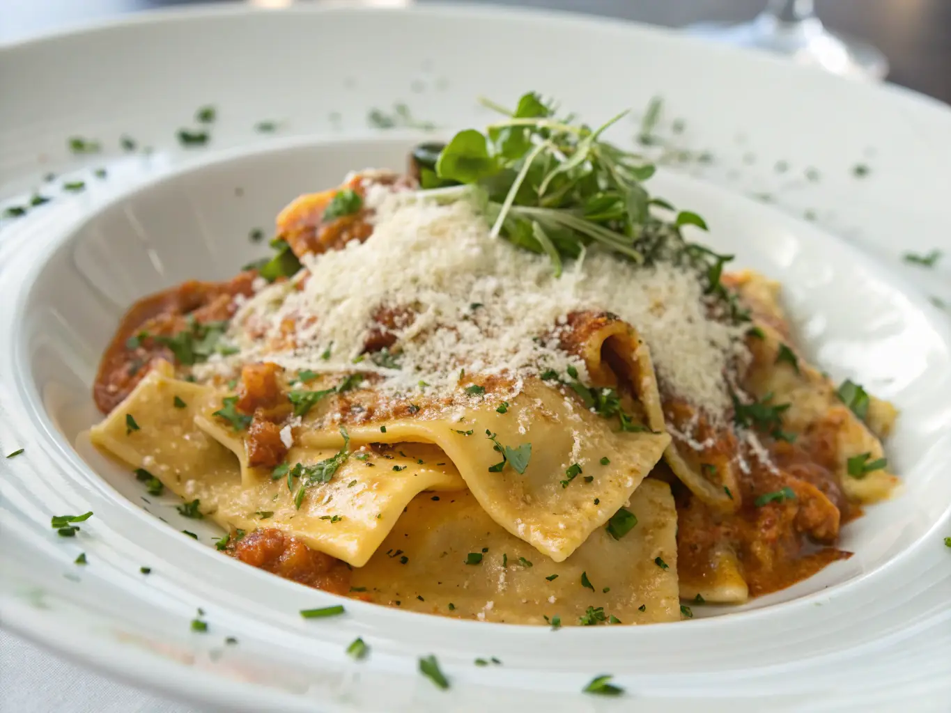A close-up shot of Cacio e Pepe pasta, showcasing the creamy sauce, perfectly cooked pasta, and a generous sprinkle of black pepper in a modern, minimalist setting.