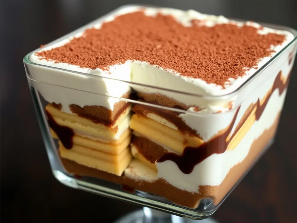 A rich and decadent Tiramisu dessert, with layers of coffee-soaked ladyfingers, mascarpone cream, and cocoa powder, presented on an elegant plate with a coffee bean garnish.
