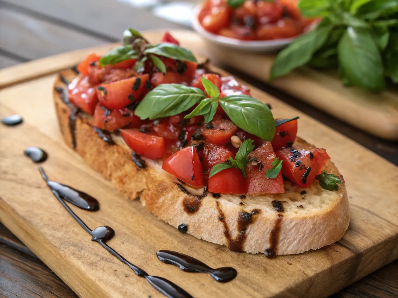 A beautifully plated dish of Bruschetta with fresh tomatoes, basil, and a drizzle of balsamic glaze, served on a rustic wooden board in a warmly lit restaurant setting.